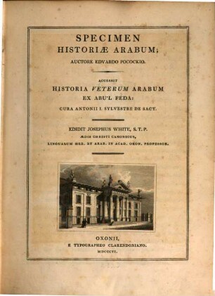 Specimen historiae Arabum : Accessit Historia veterum Arabum ex Abulfeda