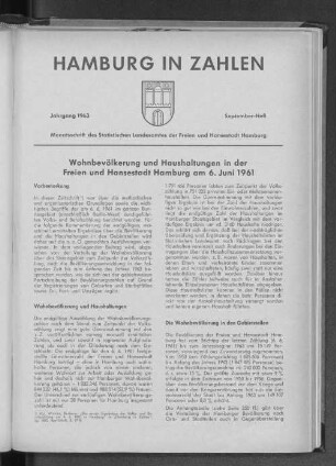 Wohnbevölkerung und Haushaltungen in der Freien und Hansestadt Hamburg am 6. Juni 1961