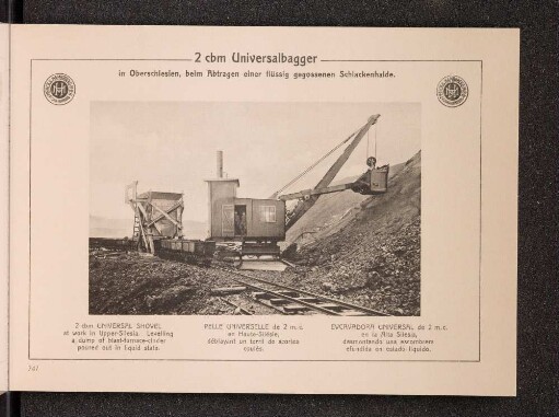 2 cbm Universalbagger, in Oberschlesien, beim Abtragen einer flüssig gegossenen Schlackenhalde.