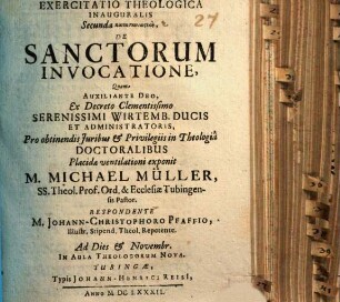 Exercitatio Theologica Inauguralis Secunda kataskeuastikē, De Sanctorum Invocatione
