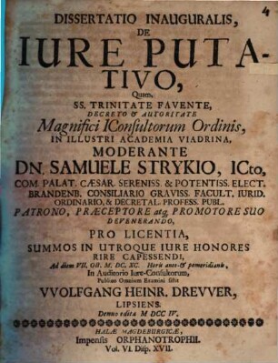 Dissertatio Inauguralis, De Iure Putativo