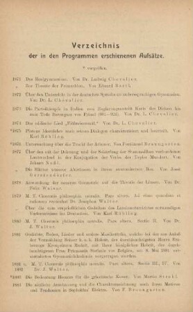 Verzeichnis der in den Programmen erschienenen Aufsätze