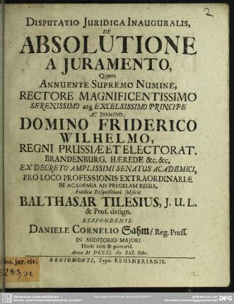 Disputatio Iuridica Inauguralis, De Absolutione A Iuramento
