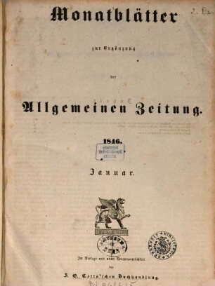 Allgemeine Zeitung. Monatblätter zur Ergänzung der Allgemeinen Zeitung. 1846