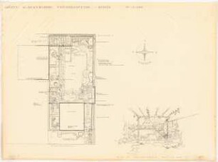 Garten Bewersdorf, Berlin-Friedrichsfelde: Perspektivische Ansicht vom Pergolasitzplatz zum Haus hin, Lageplan mit Gartenplan 1:100