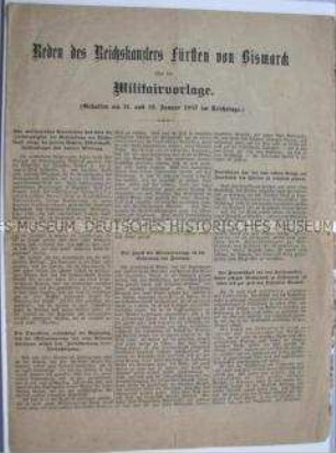 Reden des Reichskanzlers Fürst von Bismarck über die Militairvorlage