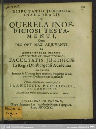 Disputatio Iuridica Inauguralis de Querela Inofficiosi Testamenti