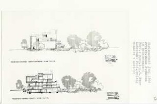 Freizeitheim Fuchsbau, Berlin-Reinickendorf (Diplomarbeit bei Peter Poelzig): Ansicht von Westen und Schnitt 1:200