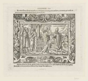 Christus spricht mit dem Nikodemus, aus: "Biblische Figuren deß Neuwen Testaments", Frankfurt am Main 1562, S. f2 verso