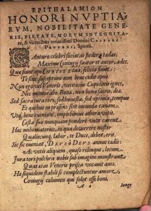 Epithalamion Honori Nvptiarvm, Nobilitate Generis, Pietate, Morvm Integritate, doctrina, & virtutibus ornatissimi Domini Caspari Prvferi, Sponsi, Et Nobilissimae ... Catharinae, Nobilis ... Domini Lvcae Vthmanni, pie defuncti, Filiae, Sponsae