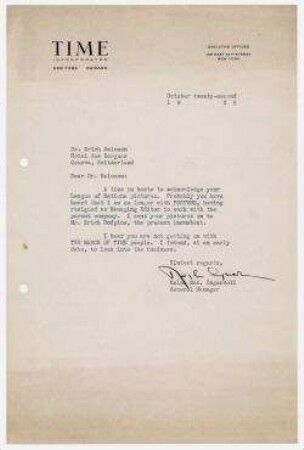 Brief von Ralph Mc Allister Ingersoll, TIME Incorporated, New York - Chicago an Erich Salomon