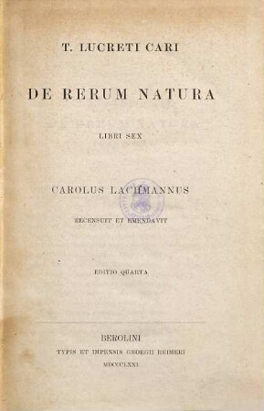T. Lucreti Cari De rerum natura : libri sex