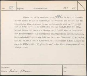 Struve verbindet sich 1823 mit dem in Berlin lebenden Hofrat Conrad Heinrich Soltmann, um in Preußen ein Patent auf die künstlichen Mineralwässer nehmen zu können