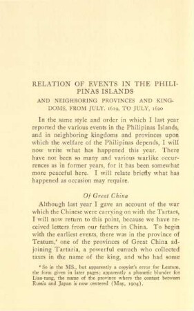 Relation of events in the Philipinas Islands