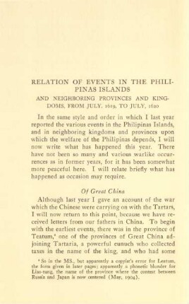 Relation of events in the Philipinas Islands