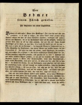 Was Bodmer seinem Zürich gewesen. Für Ungelehrte von einem Ungelehrten