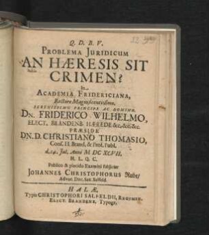 Problema Iuridicum An Haeresis Sit Crimen?