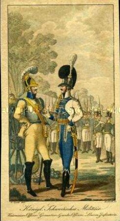 Uniformdarstellung, Offiziere des Kürassier- und des Grenadier-Garde-Regiments, Linien-Infanterie, Königreich Schweden, 1813.