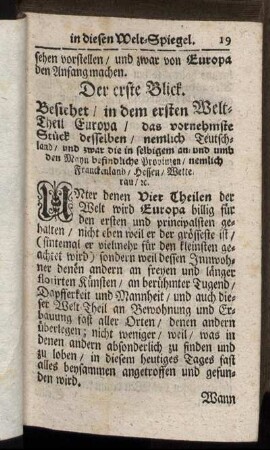 Der Erste Blick. Besiehet / in dem ersten Welt-Theil Europa / [...]