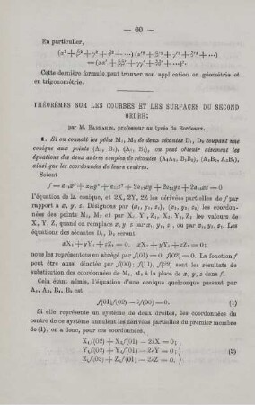 THÉORÈMES SUR LES COURBES ET LES SURFACES DU SECOND ORDRE.