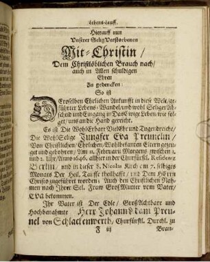 Hierauff nun Unserer Selig Verstorbenen Mit-Christin ... zu gedencken [Lebenslauf]