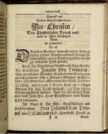 Hierauff nun Unserer Selig Verstorbenen Mit-Christin ... zu gedencken [Lebenslauf]