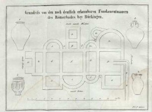 Grundriss von den noch deutlich erkennbaren Fundamentmauern des Römerbades bei Rückingen.