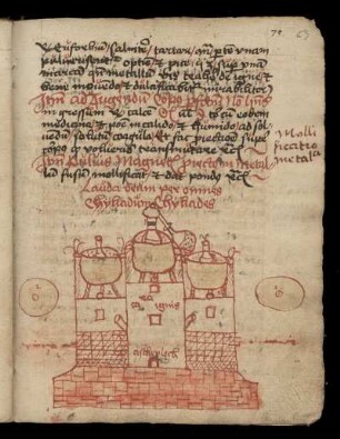 Federzeichnung: Zeichnung eines dreigegliederten (= sol-mercurius-luna) chemischen Ofens mit Geräten