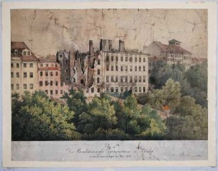 Die Brandruinen in der Zwingerstraße in Dresden nach dem Maiaufstand 1849 vom Wilsdruffer Platz (Postplatz)