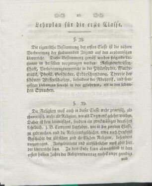 Lehrplan für die erste Classe.