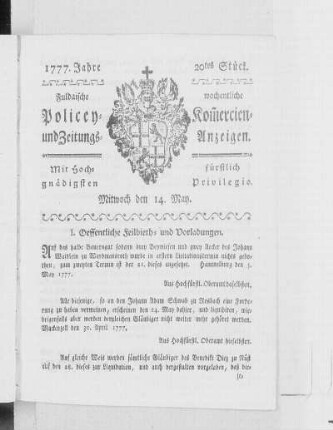 20tes Stück, Ausgabe vom 14. May 1777