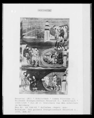 Codex Aureus Escorialensis / Goldenes Evangelienbuch Heinrichs III. — Gleichnis von den Arbeitern im Weinberg, Folio 46recto