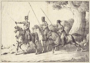 Streifzug zweier Kosaken, württ. Offizier weist den Weg, jeweils in Uniform mit Mütze, zu Pferd