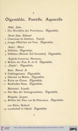 I. Ölgemälde. Pastelle. Aquarelle (Nr. 1-159)