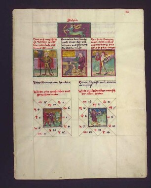 1) Sternbild: Schütze; (2) Dekane: 1. Merkur: Mensch mit ritterlichem Gemüt; 2. Mond: jemand, der viel leiden wird; 3. Saturn: eigenwilliger, wiederwertiger Mensch, der böse Dinge tut. (3) Gradbilder: (Prognose) zum Sternbild: 1. geistlicher und gerechte