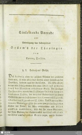 Einleitende Vorrede zur Uebersetzung des Leibnitzischen System's der Theologie