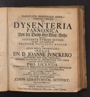 Dissertatio Inavgvralis Medica Theoretico-Practica De Dysenteria Pannonica