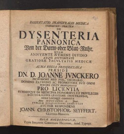 Dissertatio Inavgvralis Medica Theoretico-Practica De Dysenteria Pannonica