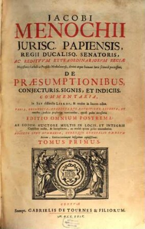Iacobi Menochii ... De Praesumptionibus, Coniecturis, Signis, Et Indiciis, Commentaria : In Sex distincta Libros, & recèns in lucem edita, 1