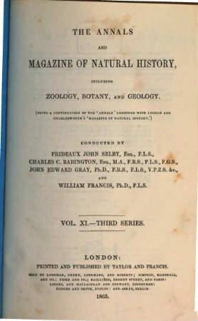 The annals and magazine of natural history, zoology, botany and geology : incorporating the journal of botany. 11, 11. 1863