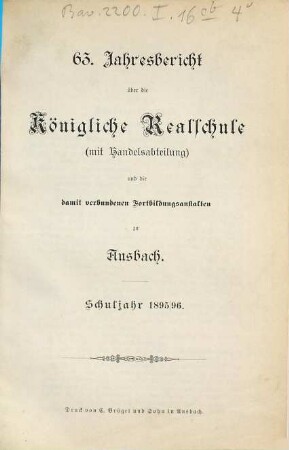 Jahresbericht über die Realschule mit Handelsabteilung zu Ansbach. 1895/96