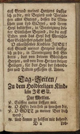 Tag-Zeiten / Zu dem Holdseeligen Kindlein Jesu.