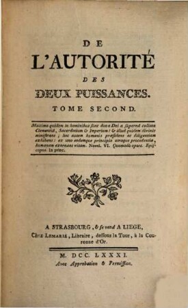 De L'Autorité Des Deux Puissances, 2