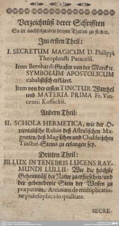 Verzeichnuß derer Schrifften So in nachfolgenden dreyen Theilen zu finden.