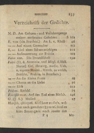 Verzeichniss der Gedichte