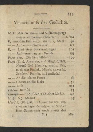 Verzeichniss der Gedichte