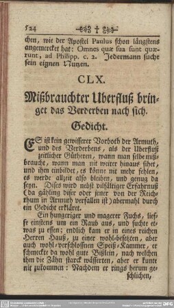 CLX. Mißbrauchter Uberfluß bringet das Verderben nach sich. Gedicht