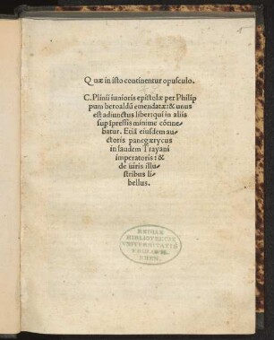 Quæ in isto continentur opusculo. C. Plinii iunioris epistolæ