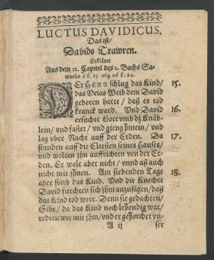 Luctus Davidicus, Das ist Davids Trawren. Erkläret Aus dem 12. Capitel des 2. Buchs Samuelis a v. 15. usq[ue] ad v. 24.