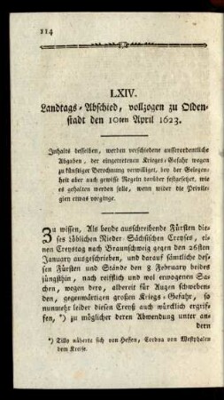 LXIV. Landtags-Abschied, vollzogen zu Oldenstadt den 10ten April 1623.